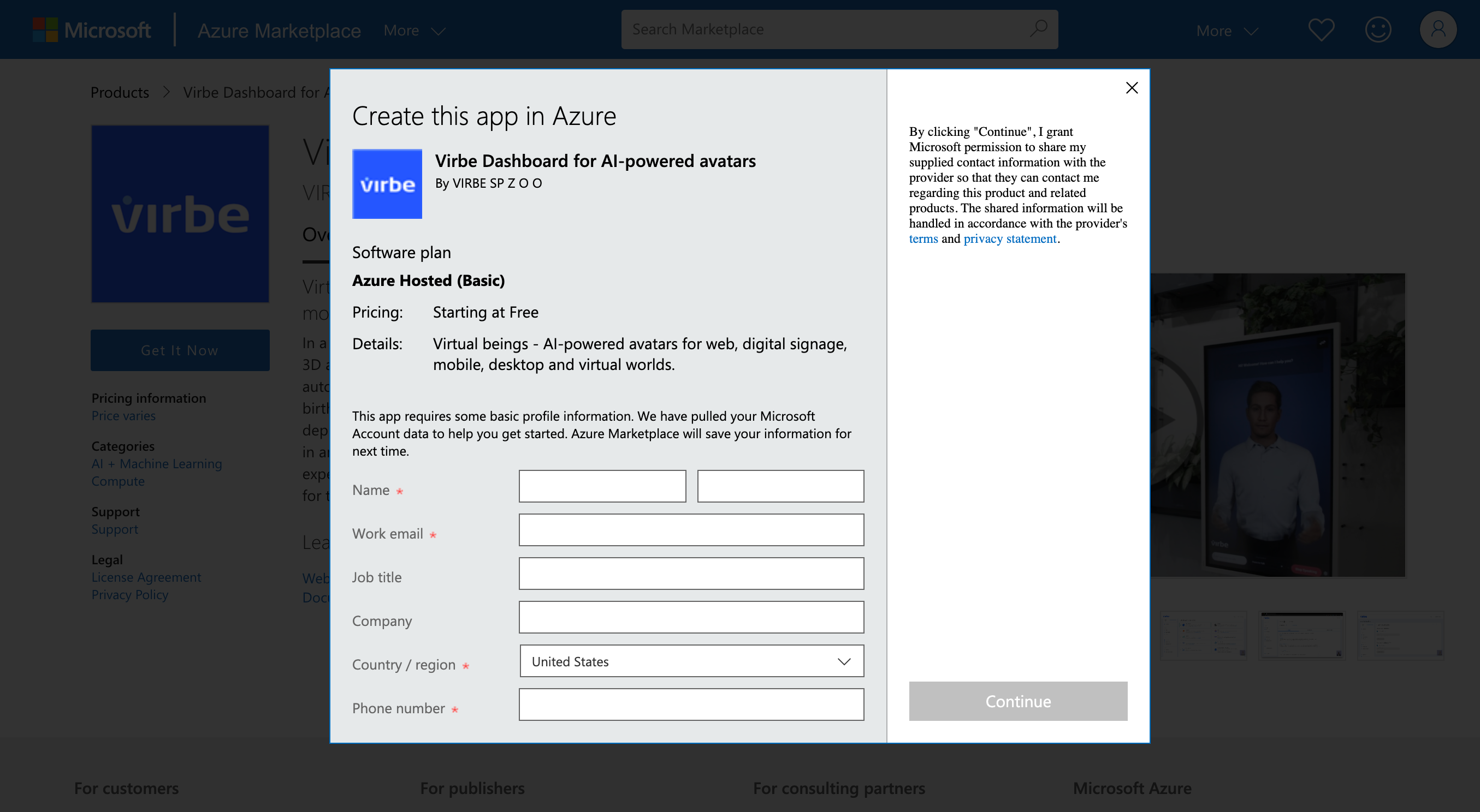 Azure Marketplace account details dialog box