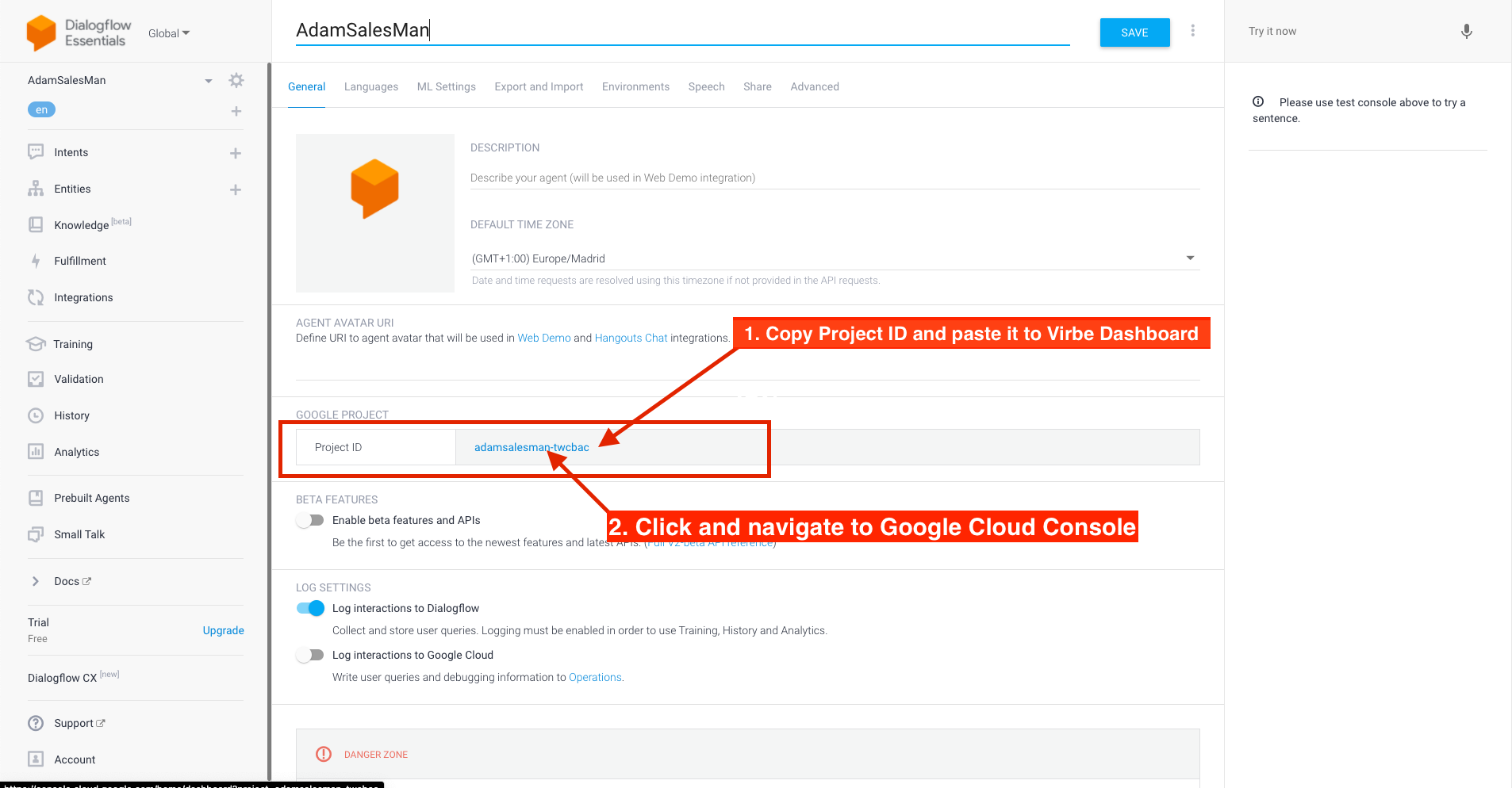 Dialogflow Essentials Console