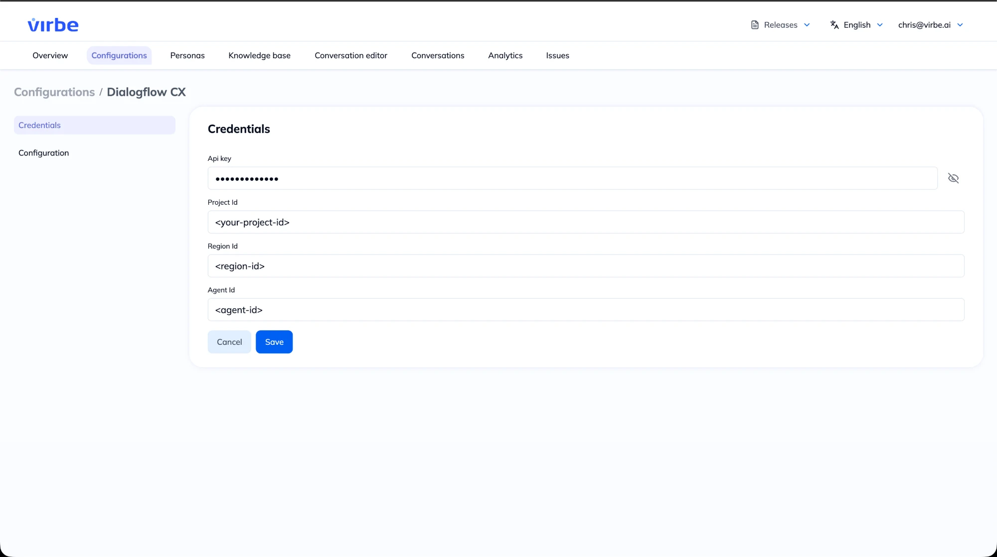 Dialogflow CX credentials in the Virbe Dashboard