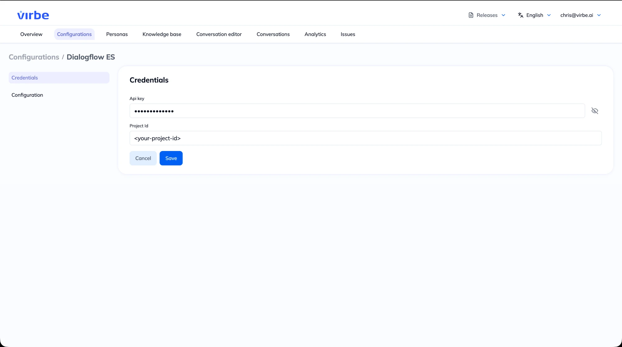 Dialogflow ES credentials in the Virbe Dashboard