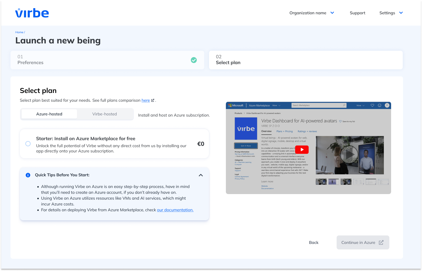 Azure-hosted plans in Virbe Hub