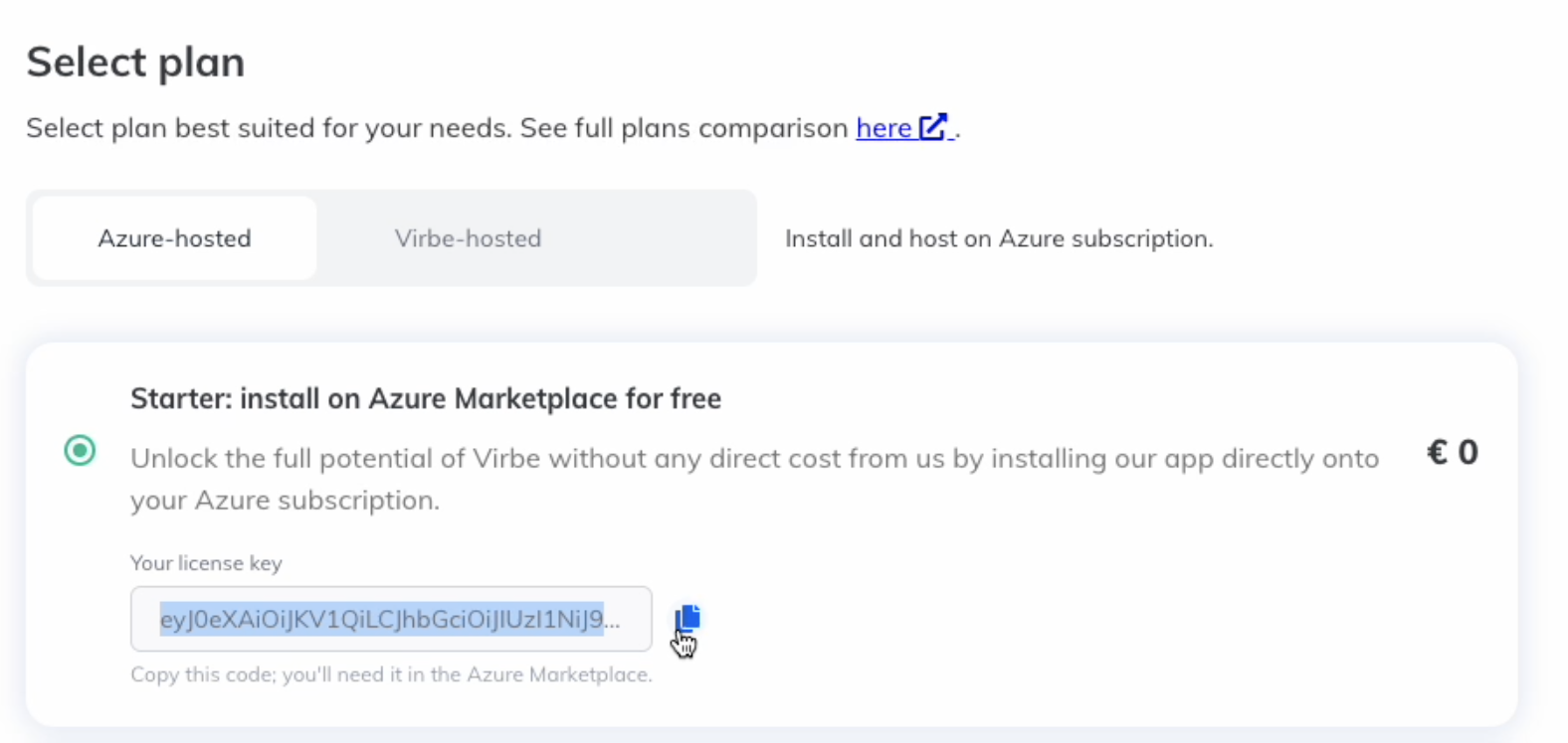 Copy the previously created license key from Virbe Hub