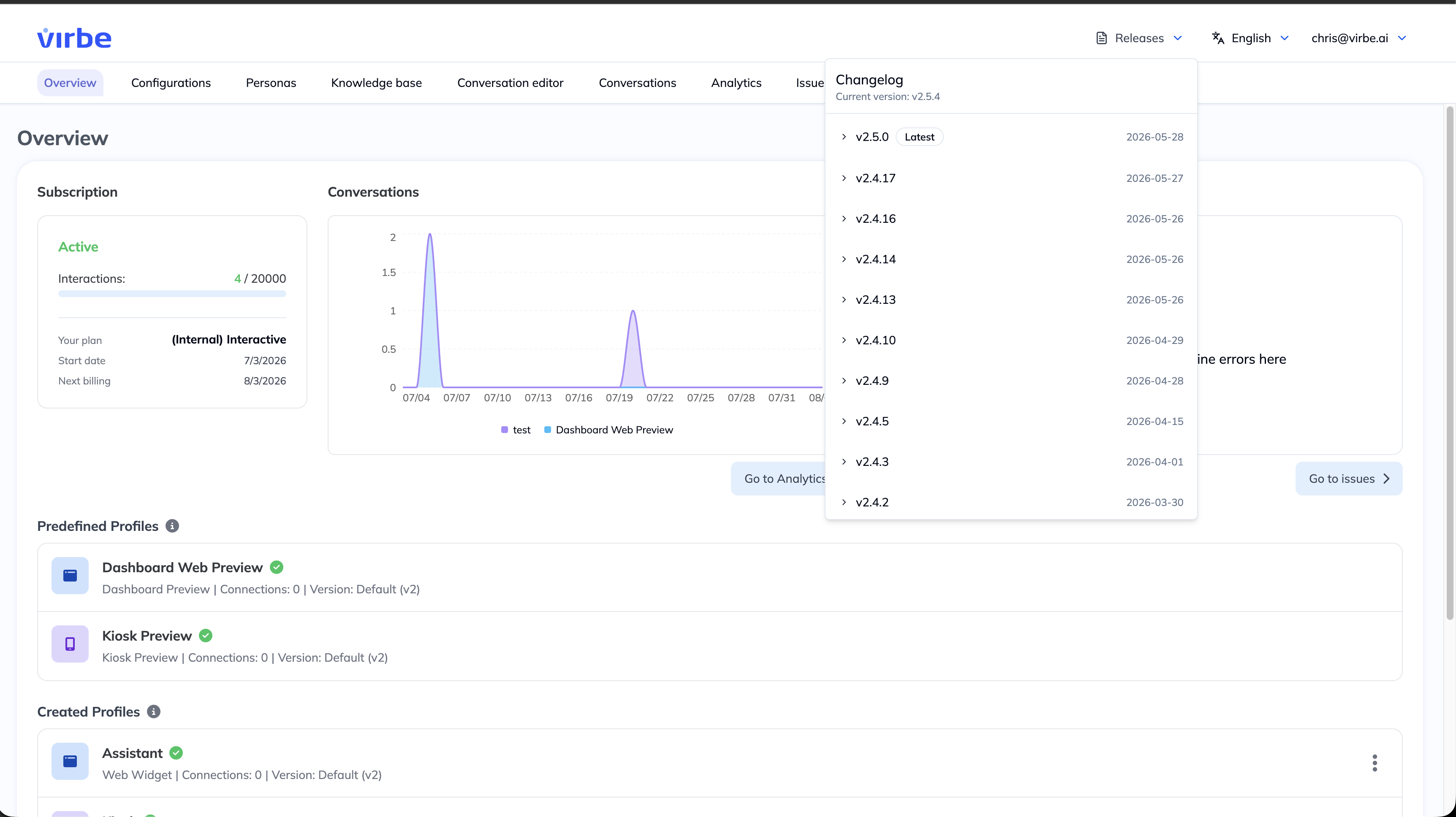Releases → Changelog in the Dashboard top bar, showing the current version and release history