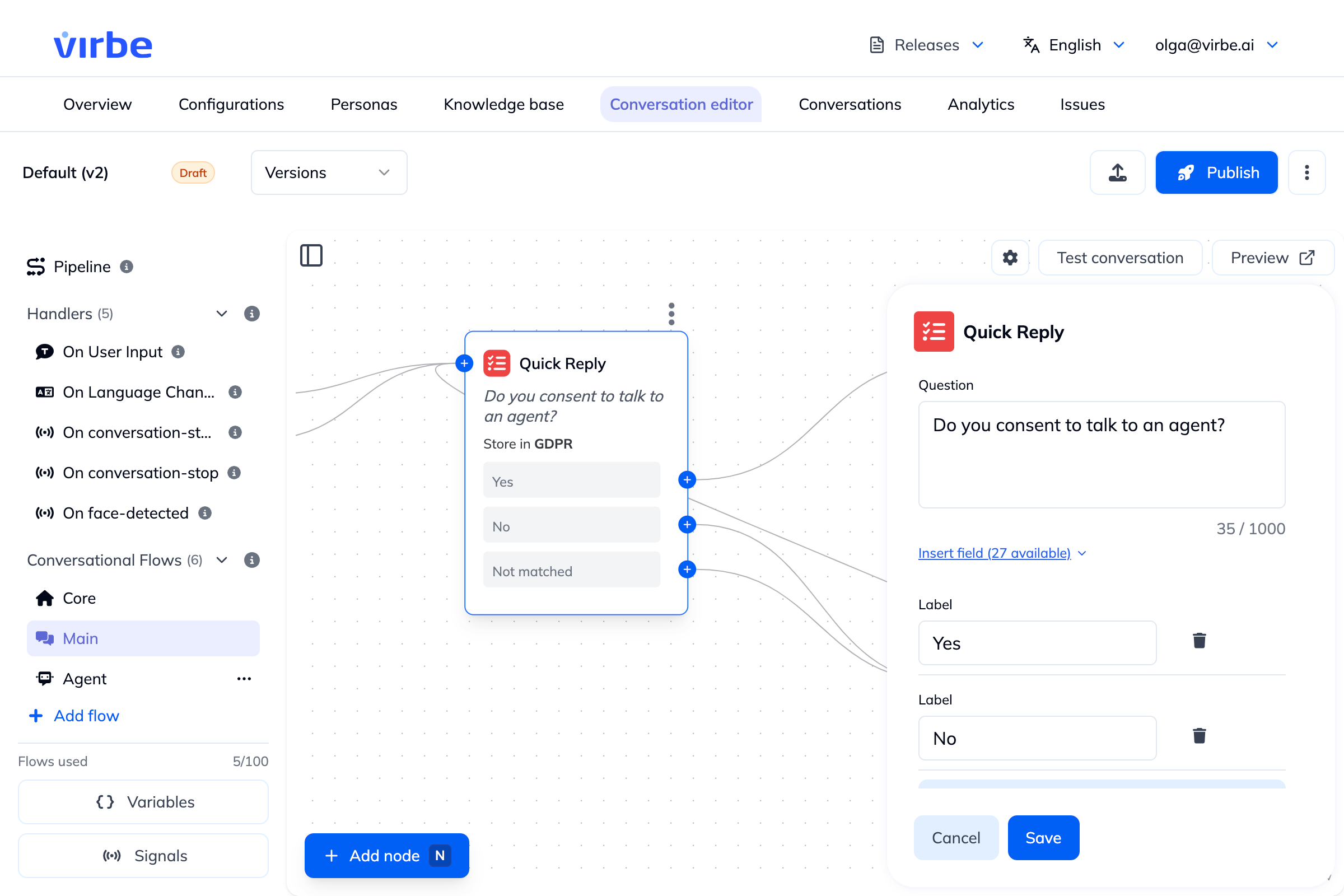 Quick Reply node with per-button output ports and Not matched port