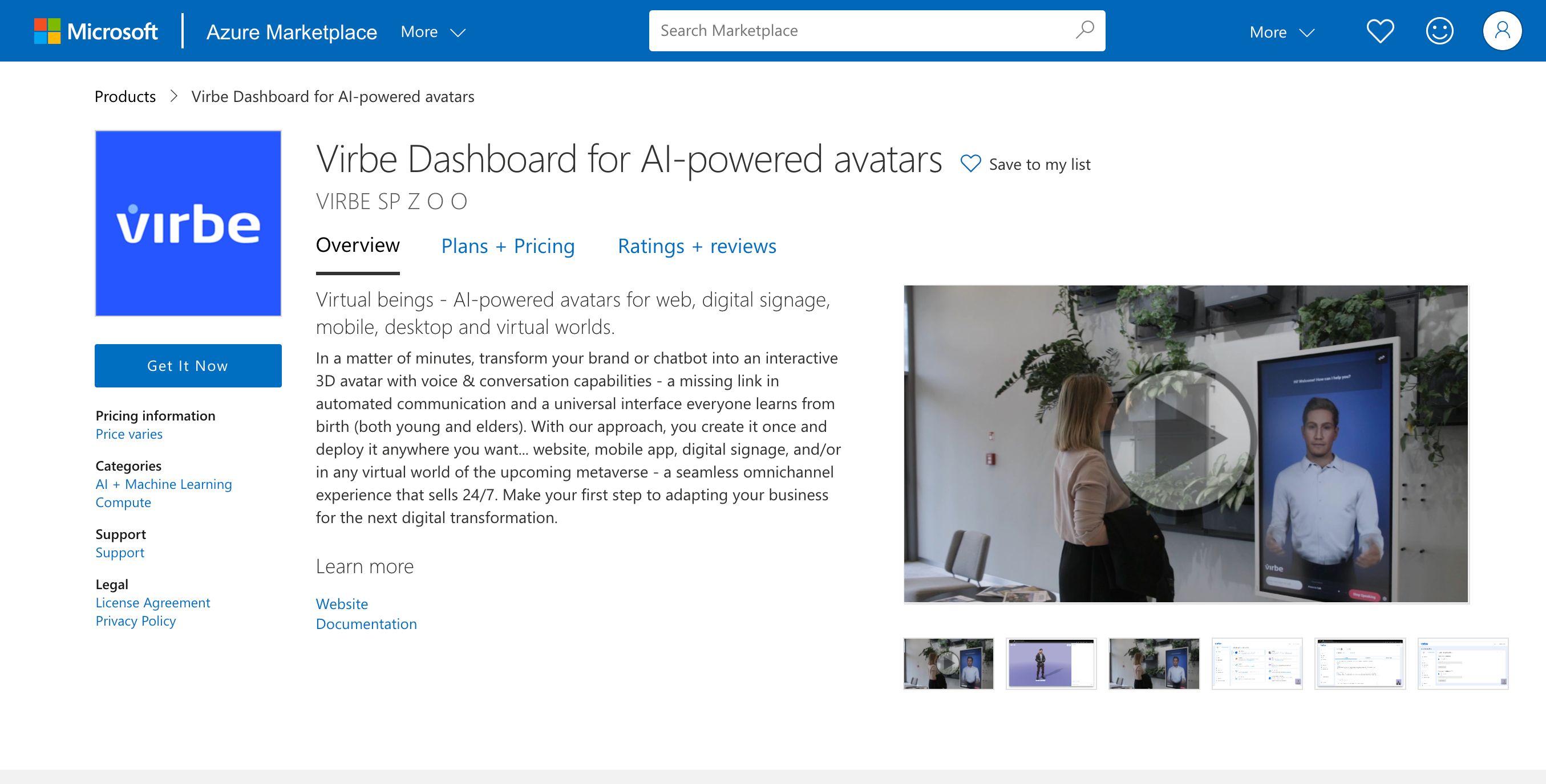Virbe app page in Azure Marketplace